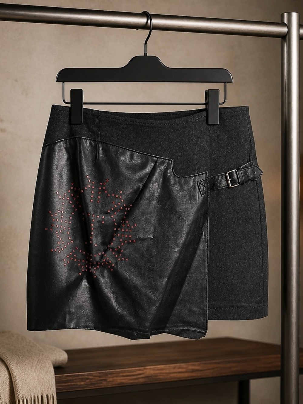 Thalia Sodi Black Mixed-Media Mini Skirt with Red Stud Detail